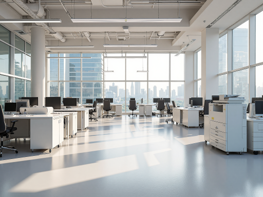 现代化办公室内部，宽敞明亮的工作区域，蓝色背景，商务办公环境